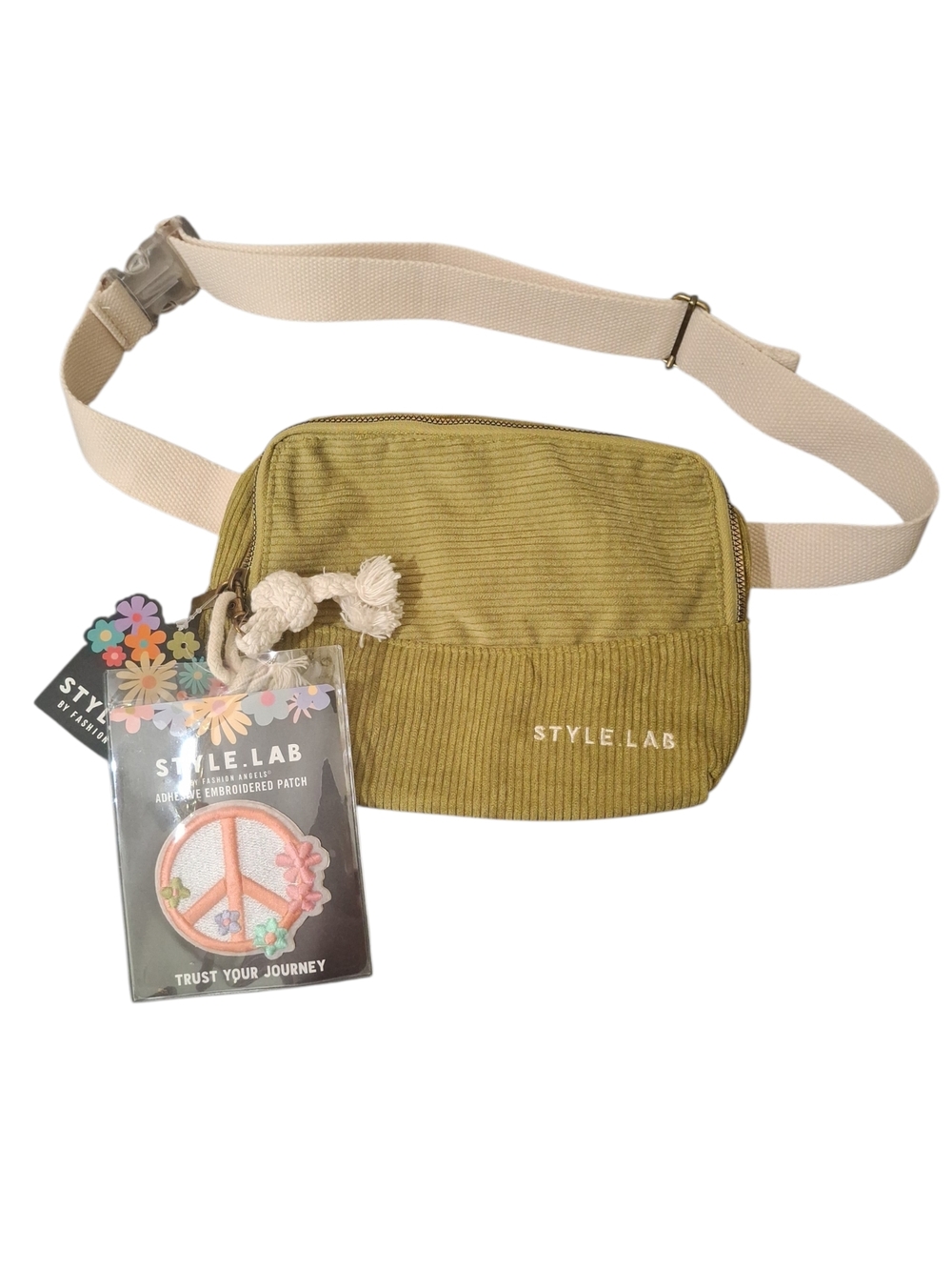 Olive Corduroy Crossbody Belt Bag with Cream Strap